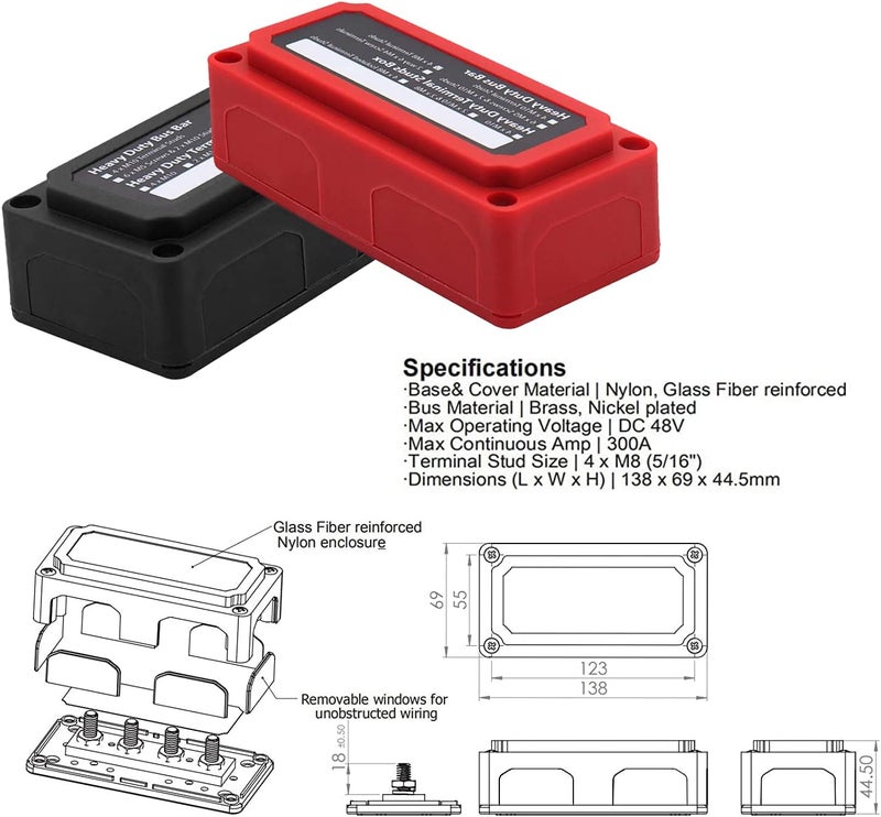 jamgoer 300A Bus Bar 12V Heavy Duty Module Design Power Distribution Block Waterproof Bus bar Box with 4X M8(5/16") Terminal Studs for Battery Marine Automotive RV Car Truck (Black & Red) - Image 3